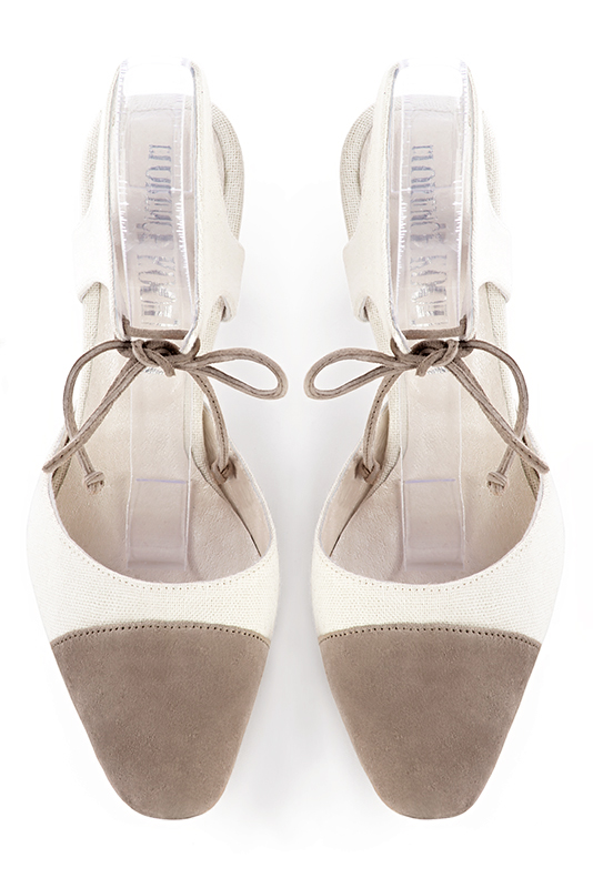 Tan beige and off white women's open back shoes, with an instep strap. Round toe. High kitten heels. Top view - Florence KOOIJMAN